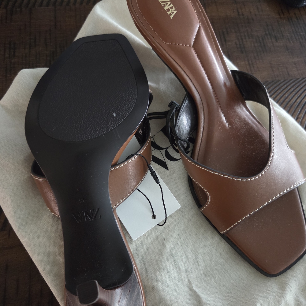 New Never Used, Zara Brown Heeled Sandals. 2in Heel Size 38 - Picture 2 of 6